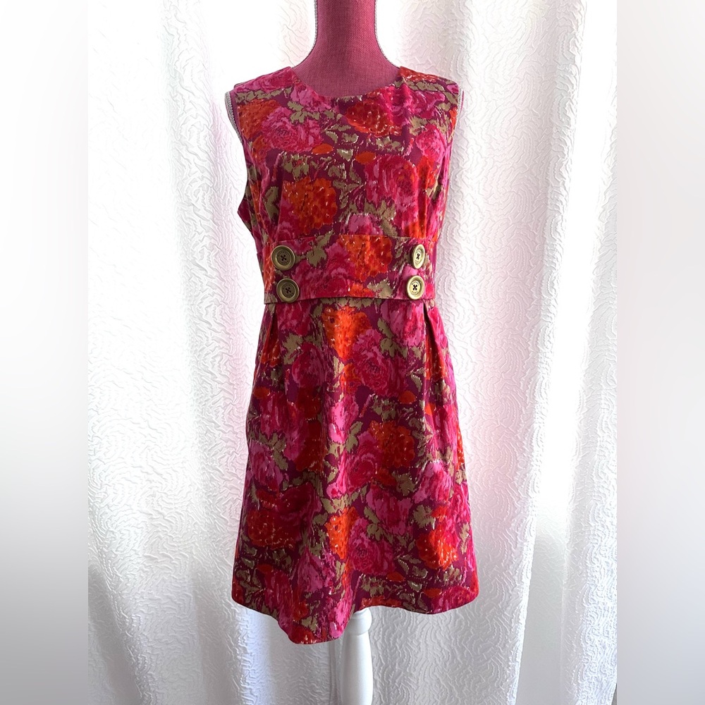 Michael Kors Sheath Dress Floral Print Sleeveless Pink Red Gold Buttons